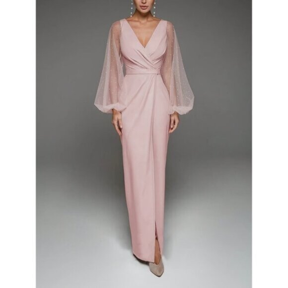 Elegant Black V-Neck Long Sleeve Bridesmaid Dress with Mesh Overlay and Side Sli - Picture 1 of 5